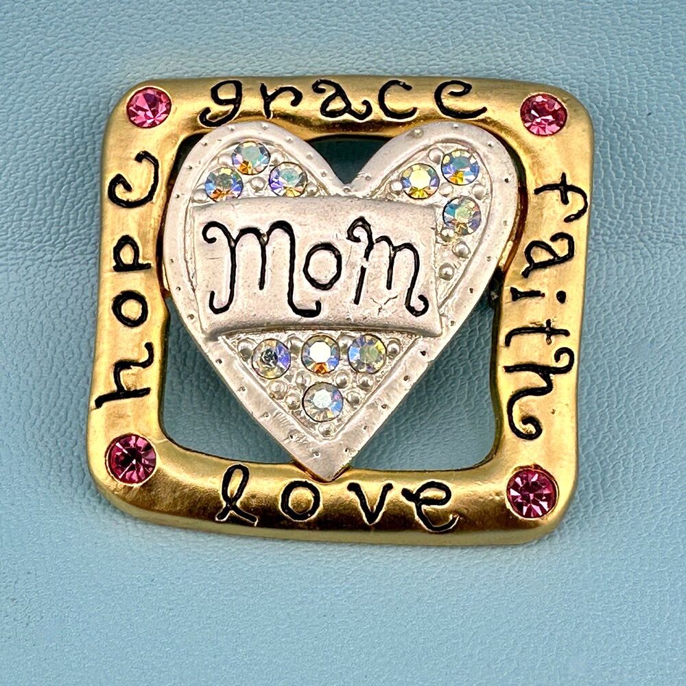 Vintage Mom Brooch Pin Grace Faith Love Hope Gold Tone AB Pink Rhinestone Signed